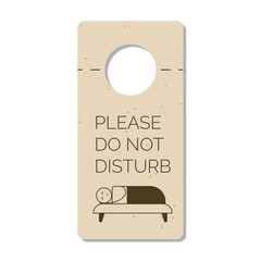 Please Do not disturb door hanger sign, tag or label with a person sleeping in bed. Hotel room door handle or knob hanging card and warning message on white background. Vector illustration.