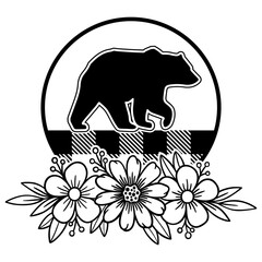 Bear Silhouette Svg, Bear In Plaid Circle with Beautiful Flowers