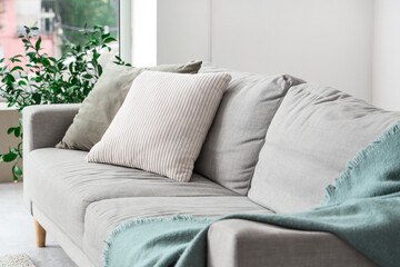 Grey sofa with cushions in light living room