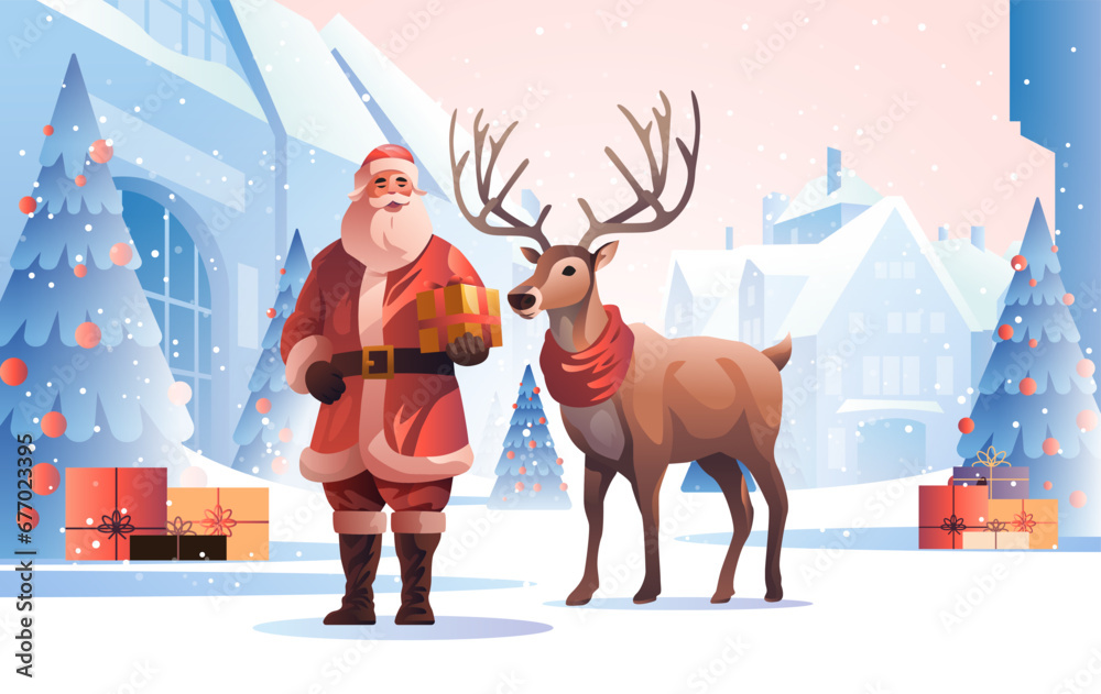 Wall mural santa claus with reindeer standing town street with decorated christmas trees happy new year holiday