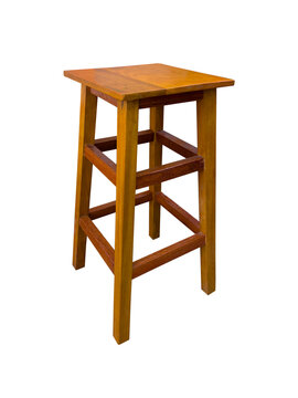 Tall wooden bar stool isolated on white background. Natural colored rectangular wooden chair. With clipping path.