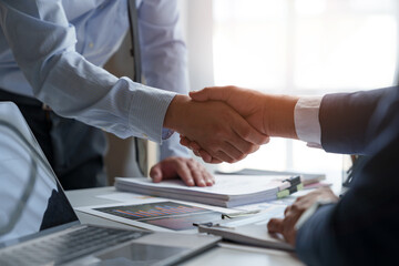 Businessman shaking hands with partner. Greeting. Business joint venture concept. For business finance, investment, teamwork and successful business. - obrazy, fototapety, plakaty