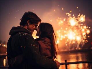 a couple is forehead to forehead, sharing a moment of closeness against a backdrop of dazzling fireworks. Gentle snowflakes drift around them, adding a touch of magic to the scene, new year kiss snow