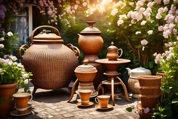 pots and flowers in garden