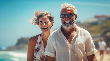 An elderly couple of happy tourists walking on a tropical beach on a sunny day. Active age concept