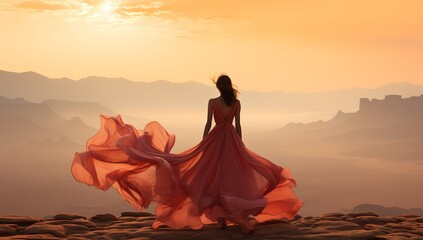Slender woman in a dress in the desert - obrazy, fototapety, plakaty