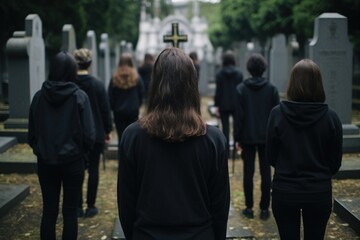 A group of young people in a cemetery looking at the tombstones