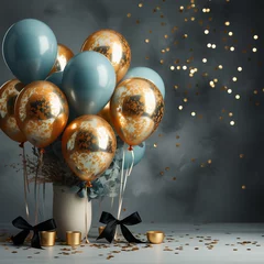 Foto auf Glas Boy birthday party foil balloons with glitter confetti, blue, gold and silver  © gmBot