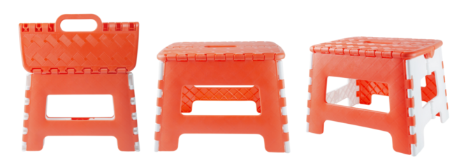 Set of red and white plastic foldable stool in front, back and side angles