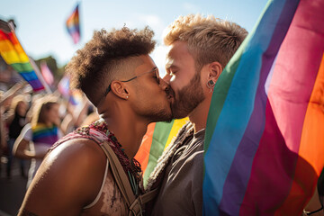 Gay couple kissing with rainbow flag in the street parade in Pride month with clear sky background.