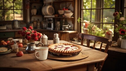 Fototapeta premium A rustic farmhouse kitchen with a large wooden table, vintage décor, and the aroma of a homemade pie wafting through the air. 