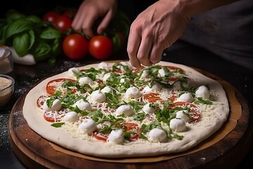Woman's hands add mozzarella cheese to a traditional margarita pizza. Preparation of an Original Italian pizza