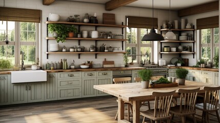 Fototapeta na wymiar A rustic farmhouse kitchen with open shelving, farmhouse sink, and distressed wood accents for a cozy and charming culinary space