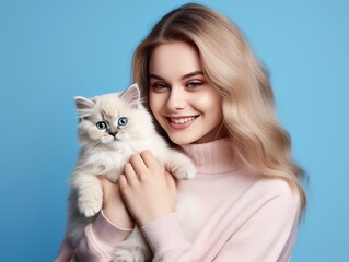 Happy Young Woman Hugging Cute Cat