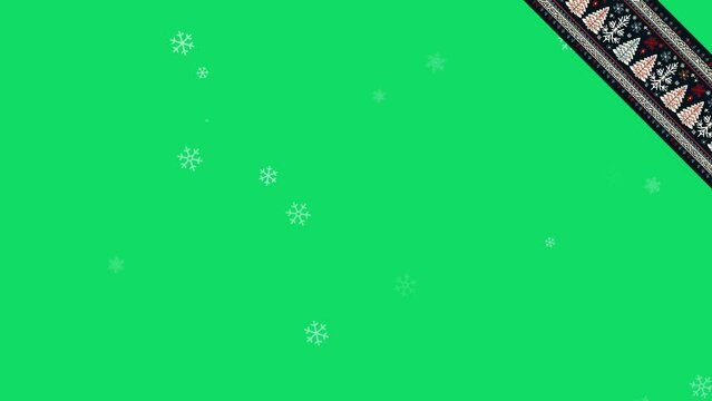 Motion graphic for Christmas Winter sale, Black Friday ads and banners with copy space on Green Screen Chroma Key. Snowflake particles and ugly Christmas sweater textile band in the upper right corner
