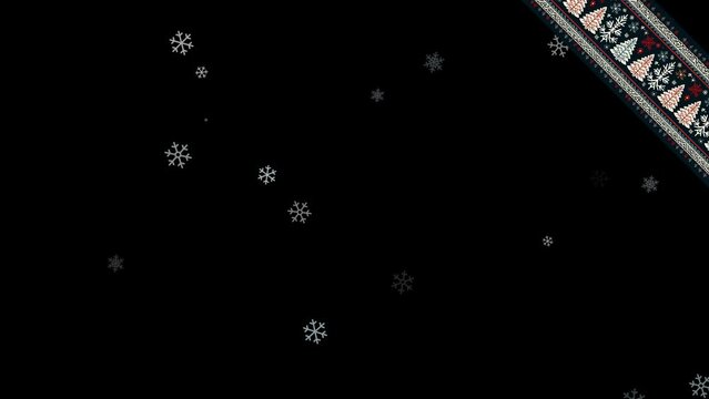 Motion graphic for Christmas Winter sale, Black Friday ads and banners with copy space on Black Background. Snowflake particles and ugly Christmas sweater textile band in the upper right corner