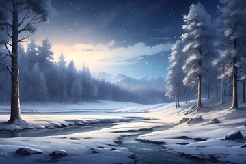 winter landscape with snow at night  - obrazy, fototapety, plakaty