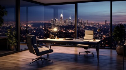 A sleek and modern home office with glass walls, minimalist furniture, and panoramic views of a cityscape.