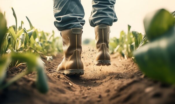 close-up of a farmer's feet in rubber boots in field plants, Generative AI