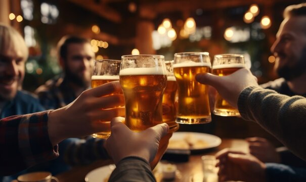 glass of beer in hand, group of happy friends drinking and toasting beer,  generative ai, Generative AI