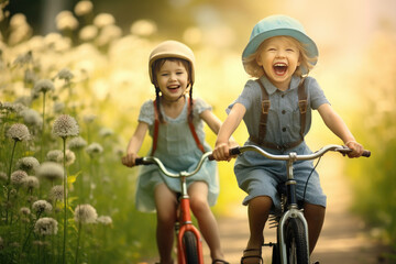 happy kids riding bicycle in an autumn park