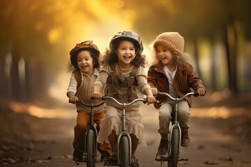 happy kids riding bicycle in an autumn park