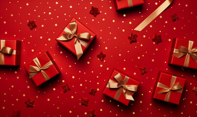 Gift boxes wrapped in red paper with golden bow on red background with copyspace