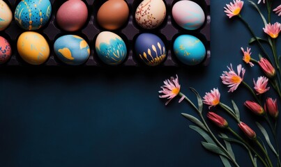 Fototapeta na wymiar top view eggs ester colorful painted on dark blue background, Generative AI