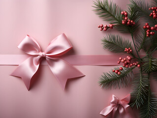 Christmas tree branches with pink ribbon on pink background with copy space.