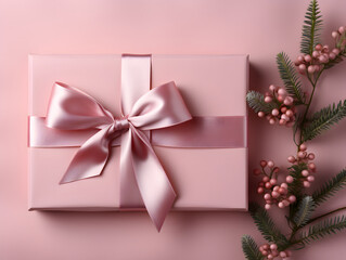 Christmas tree branches with pink ribbon on pink background with copy space.