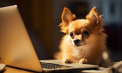 cute dog looking on laptop monitor screen at home, Generative AI