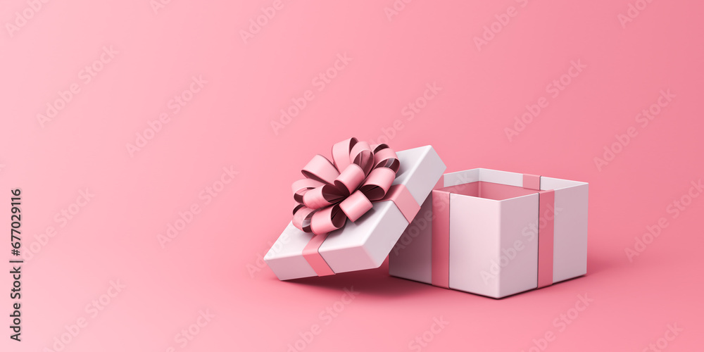 Poster Blank open pink gift box or white present box with pink ribbon bow isolated on pink pastel color background with empty space minimal concepts 3D rendering