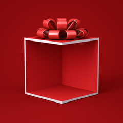 Blank display red corner gift box mockup stand with red ribbon bow isolated on dark red background minimal conceptual 3D rendering