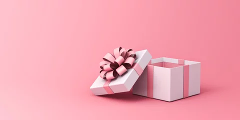 Foto op Canvas Blank open pink gift box or white present box with pink ribbon bow isolated on pink pastel color background with empty space minimal concepts 3D rendering © masterzphotofo