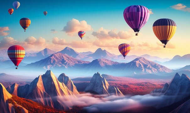 colorful hot air balloons fly in sky beautiful mountain landscape, Generative AI