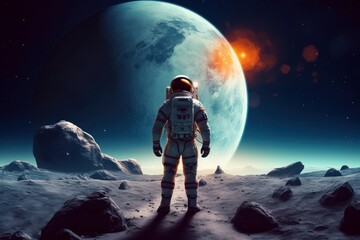 futuristic astronaut standing and walking on the moon with, Generative AI - obrazy, fototapety, plakaty