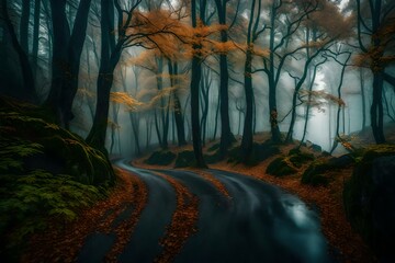 In Croatia's Plitvice Lakes National Park, a deserted rural road winds through a moody, atmospheric, misty, foggy wooded woodland with autumnal colors