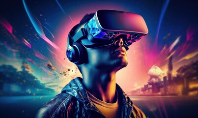 technology metaverse of the future, man wearing a virtual reality headset, Generative AI - obrazy, fototapety, plakaty