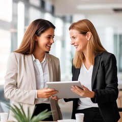 Two colleague women discussing a new project in the office while using a tablet