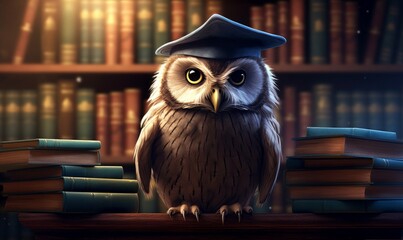 Wise owl wearing graduation cap and glasses against a stack of books on a table in a library among the shelves,  Generative AI - obrazy, fototapety, plakaty