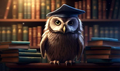 Abwaschbare Fototapete Eulen-Cartoons Wise owl wearing graduation cap and glasses against a stack of books on a table in a library among the shelves,  Generative AI