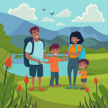 African American family hiking in mountains. Cartoon vector illustration. Couple and children taking rest near lake together. Family, rest, nature concept