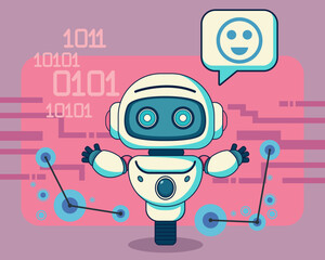 Cute robot with smile emoticon in speech bubble. Flat vector illustration. Advertisement, artificial intelligence, ad insertion concept