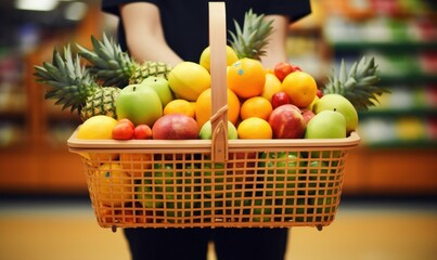 close up hand carry basket of fruit in supermarket, shopping fruits, Generative AI