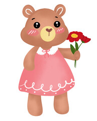 A cartoon female bear wearing a pink dress is giving flowers. Give it to your loved one on Valentine's Day.