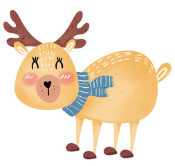 A smiling cartoon deer wrapped in a blue scarf welcomes the Christmas New Year festival.
