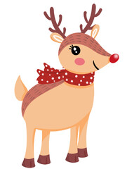 A smiling cartoon deer wrapped in a red scarf welcomes the Christmas New Year festival.