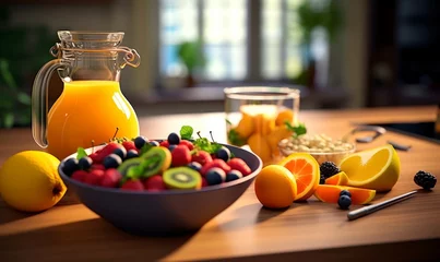 Tuinposter mixer of fruit orange juice and berry with salads dish breakfast on the wooden table in the modern kitchen,  Generative AI © Planetary Artist