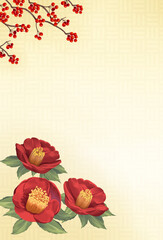 寒中お見舞い　ハガキ　テンプレート　椿と南天　和風　背景素材　縦長