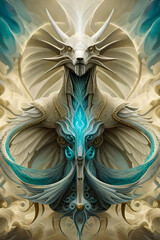 A painting of a man with a blue mask and horns.